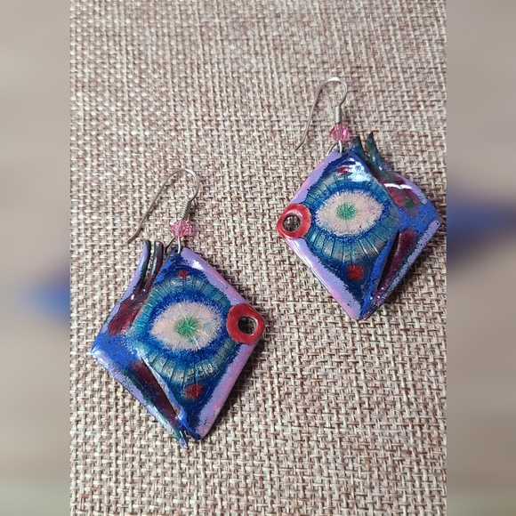 Colorful  purple blue red fish like art painter Earrings - Picture 3 of 12